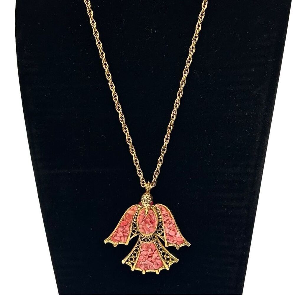 Vintage Phoenix Bird Pendant Necklace Gold-tone With Coral Gemstones Articulated